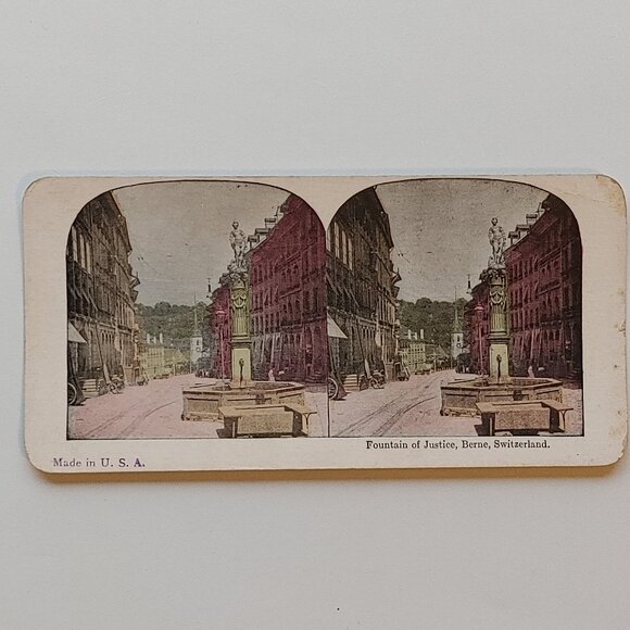 ANTIQUE Stereograph Card Fountain of Justice Berne Switzerland Full Colour - Picture 1 of 3